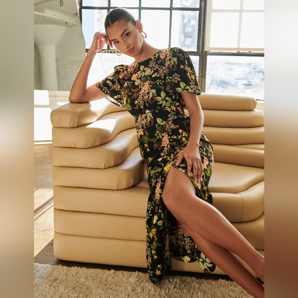 Sugarlips small black floral midi dress with side slit
